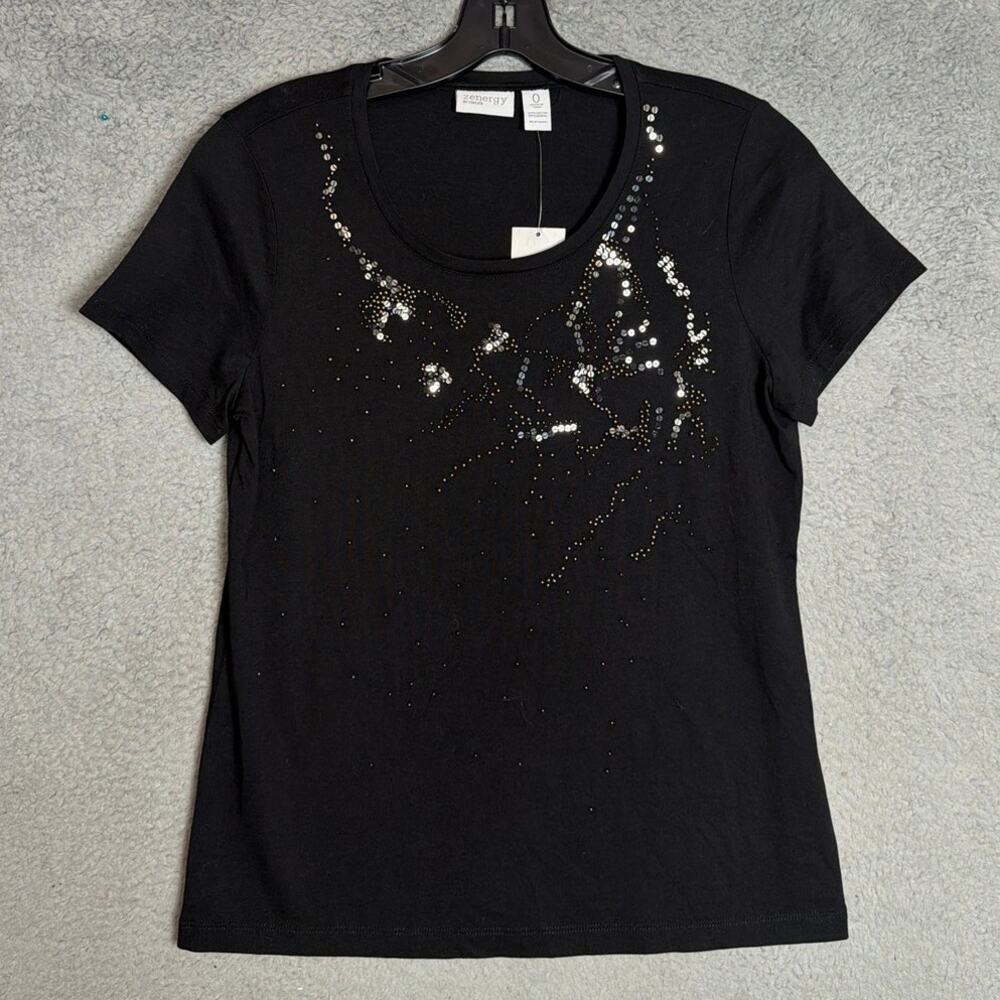 Chico’s Zenergy Ferrah Embellished Tee Black Sequin Beaded Rhinestone NWT Sz 0